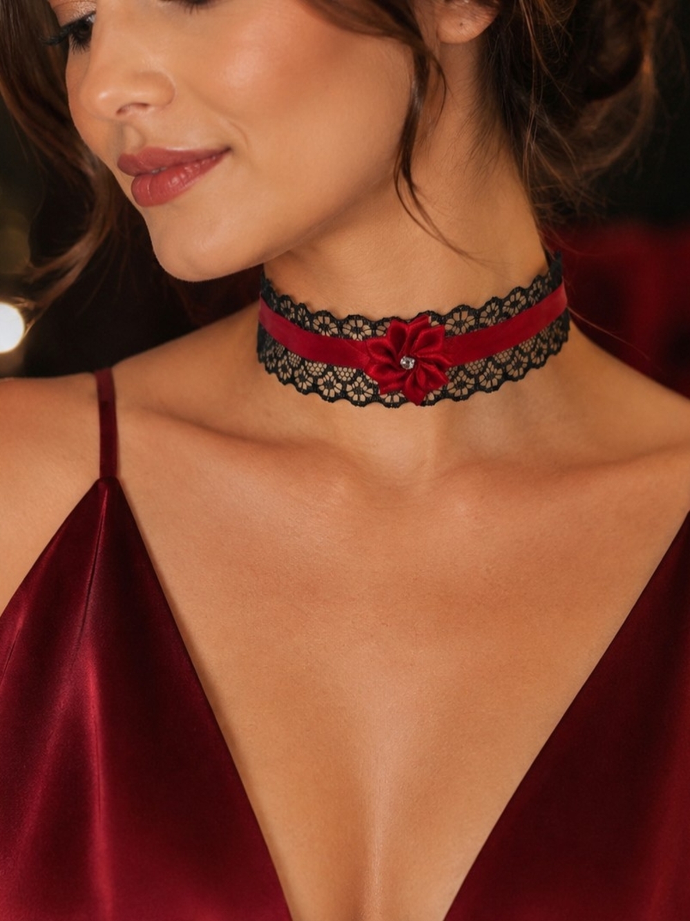 Black and Burgundy Lace Choker Necklace With Satin Flower